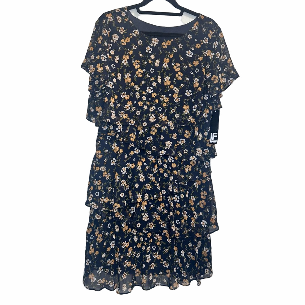 NWT Leslie Fay Mustard & Navy Floral Dress Size 14
